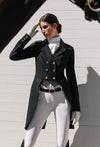 Black equestrian bijou shadbelly show jacket with six buttons on waist and four buttons on sleeve.