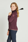 Girl wearing maroon athletic top with pink trim at the sweater and the bottom.