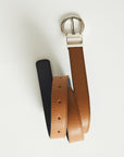 Signature demi brown leather belt with chrome buckle.