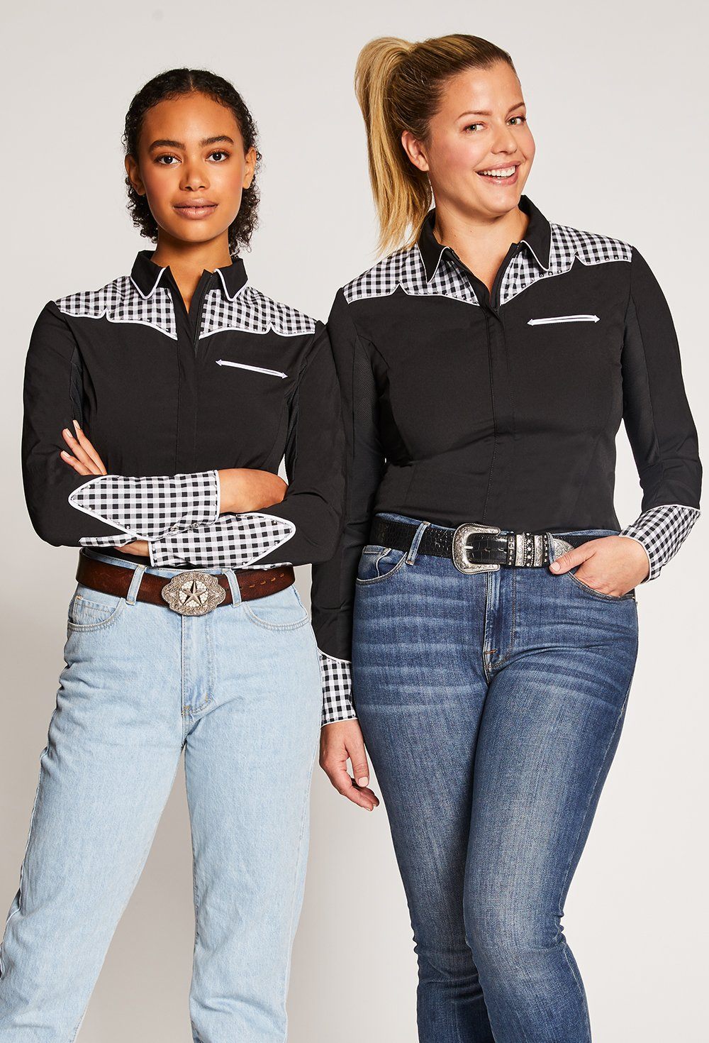Two women both wearing the Holt Western Shirt with black and white check pattern at shoulder and on the sleeves.