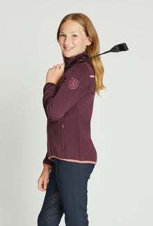  Girl wearing maroon athletic top with pink trim at the sweater and the bottom.