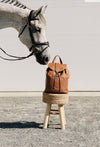 Horse with head facing a brown satchel-style purse.