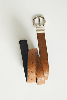  Signature demi brown leather belt with chrome buckle.